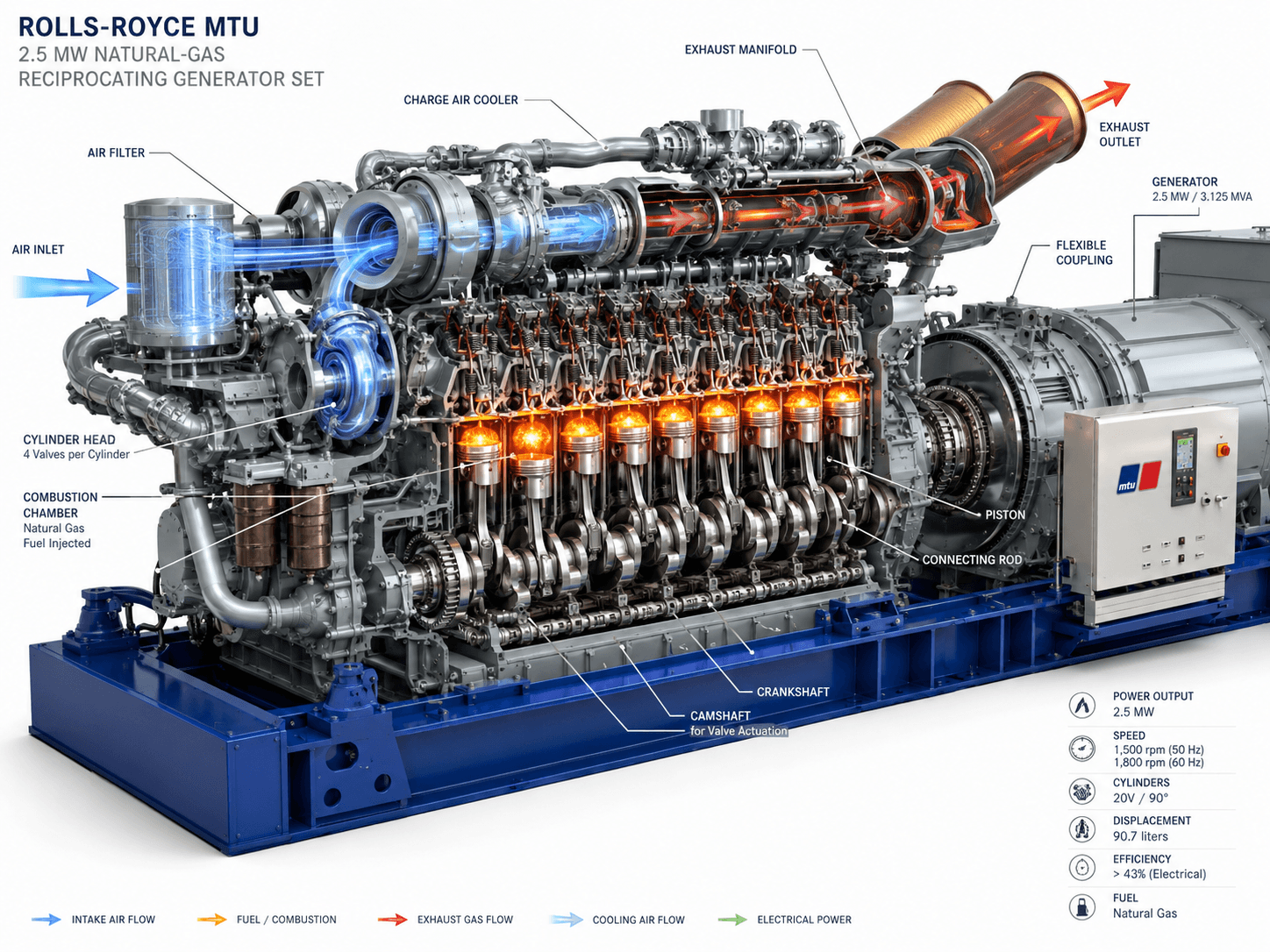Cutaway of a Rolls-Royce MTU 2.5 MW natural-gas reciprocating generator set, showing the air intake, 20-cylinder engine block, exhaust manifold, and coupled generator.